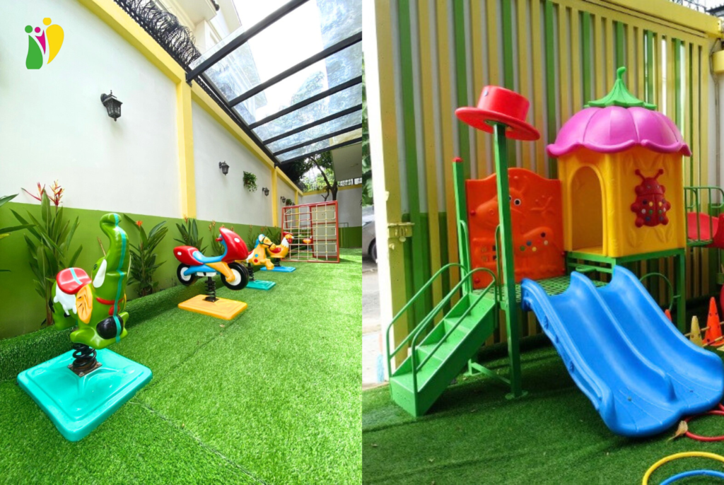 Khu vui chơi ngoài trời được thiết kế rộng rãi, nhiều đồ chơi